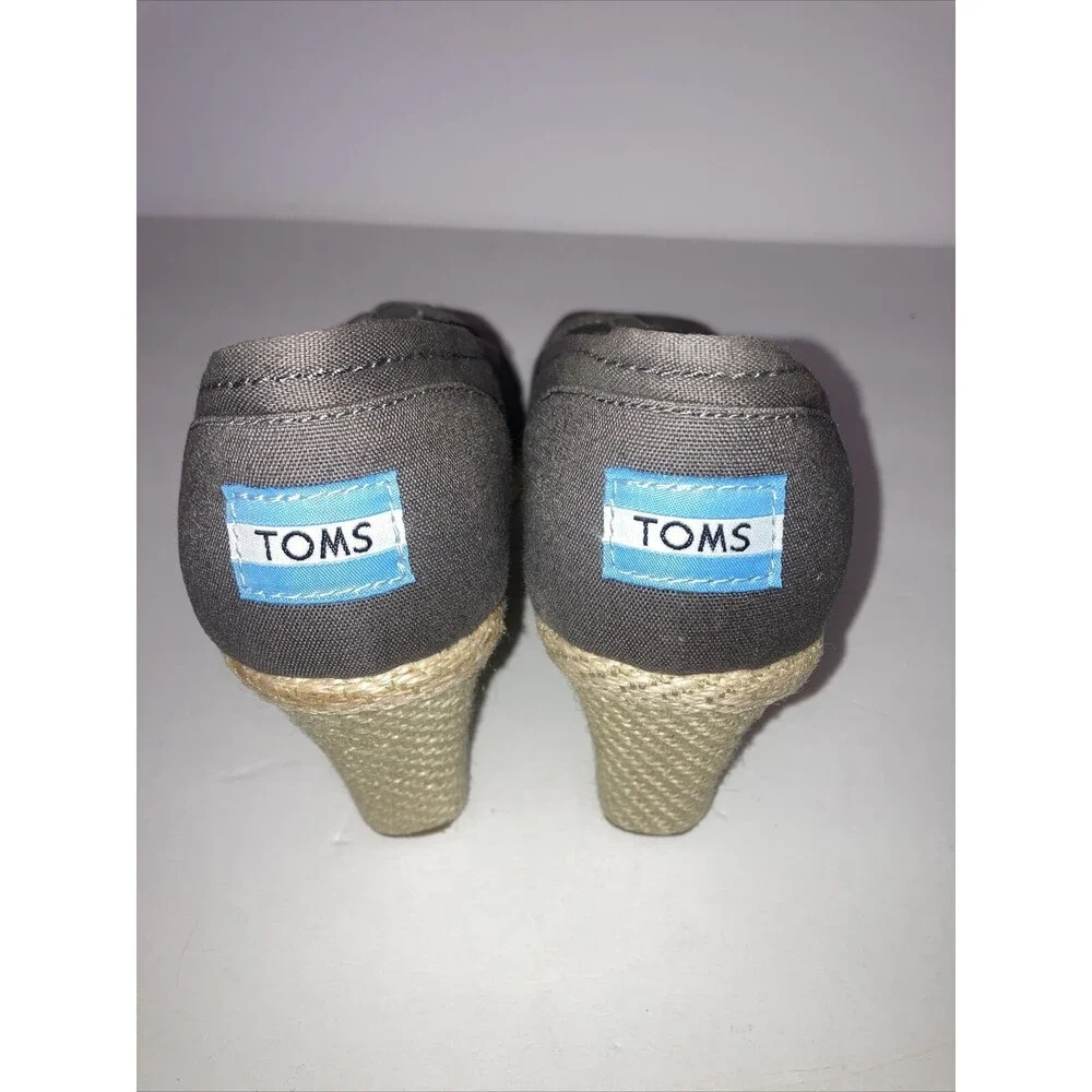 TOMS Calypso Grey Peep Toe Espadrille Wedge Canvas Sandals Heels Shoes Sz7
